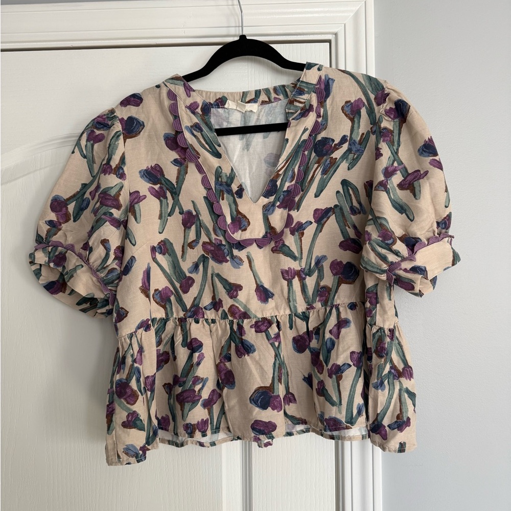 Entro Purple and Green Floral Peplum Blouse
